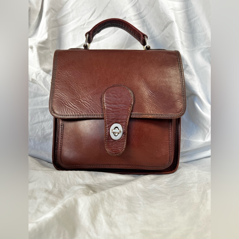 Vintage Structured Brown Leather Satchel | Crossbody with Turn-Lock Closure